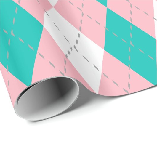 Blauwgroen Roze Dk Grijs Wht XL Argyle Cadeaupapier (Rol Hoek)