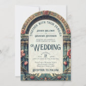 Blauwgroen & Roze Elegante Arch Art Nouveau bruilo Kaart (Voorkant)