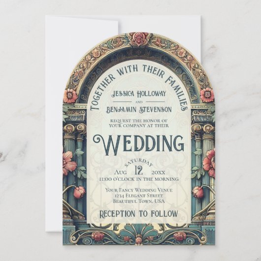 Blauwgroen & Roze Elegante Arch Art Nouveau bruilo Kaart (Voorkant)