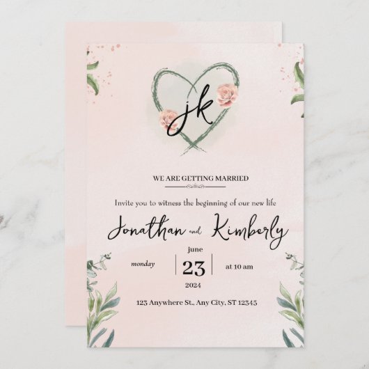 Blauwgroen roze elegante bloemenbruiloft Waterverf Kaart (Voorkant / Achterkant)