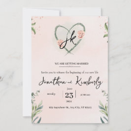 Blauwgroen roze elegante bloemenbruiloft Waterverf Kaart