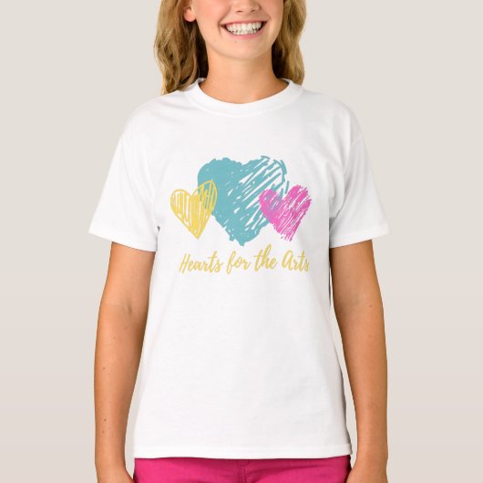 Blauwgroen, roze en gele harten t-shirt (Voorkant)
