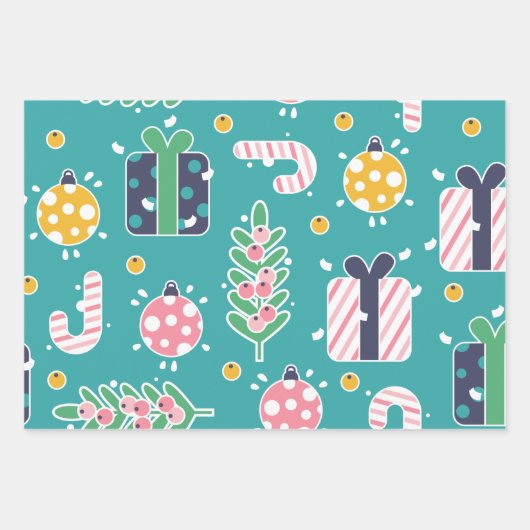 Blauwgroen roze en gele kerstartikelen inpakpapier vel (Voorkant 2)