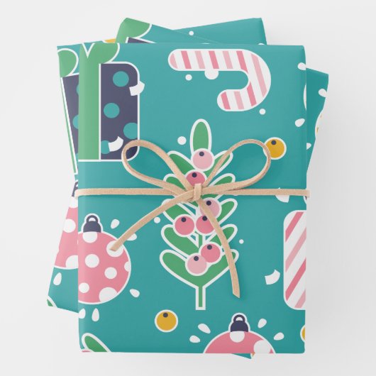 Blauwgroen roze en gele kerstartikelen inpakpapier vel (In situ)