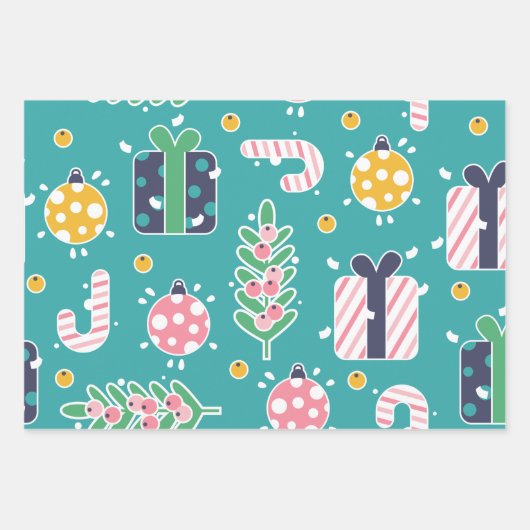 Blauwgroen roze en gele kerstartikelen inpakpapier vel (Voorkant)