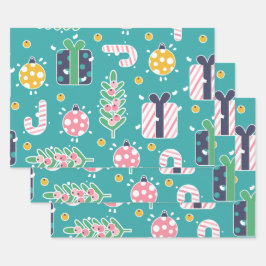 Blauwgroen roze en gele kerstartikelen inpakpapier vel