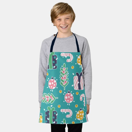 Blauwgroen roze en gele kerstartikelen schort (Gedragen)