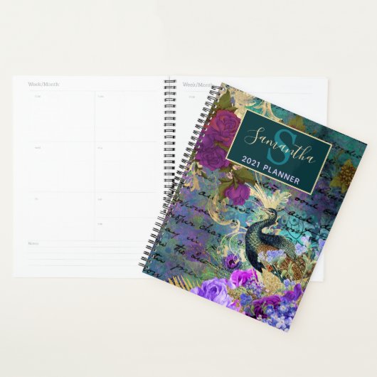  Blauwgroen, roze en goudbloem Peacock Planner (Display)