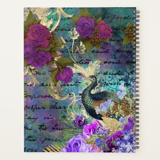  Blauwgroen, roze en goudbloem Peacock Planner (Achterkant)
