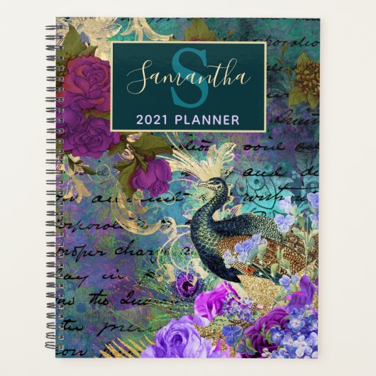 Blauwgroen, roze en goudbloem Peacock Planner (Voorkant)