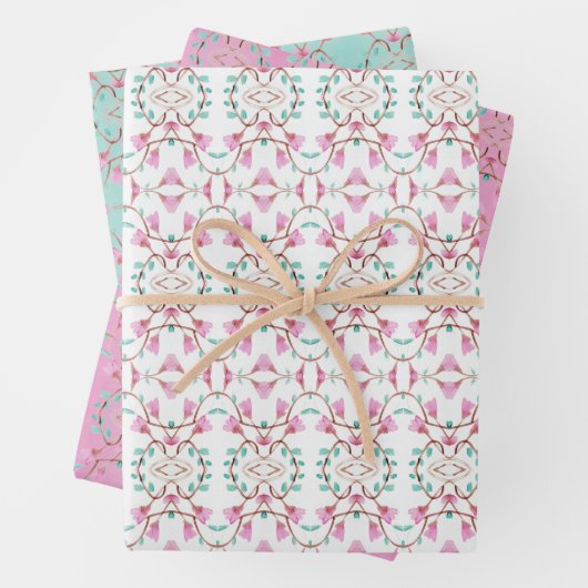  Blauwgroen Roze en Witte Bladdocument Geschenkoms Inpakpapier Vel (In situ)