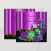 Blauwgroen roze Floral Black Gold Birthday Party Kaart (Voorkant / Achterkant)