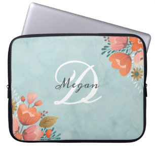  Blauwgroen Roze Floral Monogram Laptop Sleeve