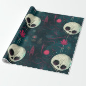 Blauwgroen & Roze Fun Spook Halloween Skulls & Flo Cadeaupapier (Uitgerold)