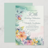 Blauwgroen Roze Geel Waterverf 30e Verjaardag Kaart (Voorkant / Achterkant)