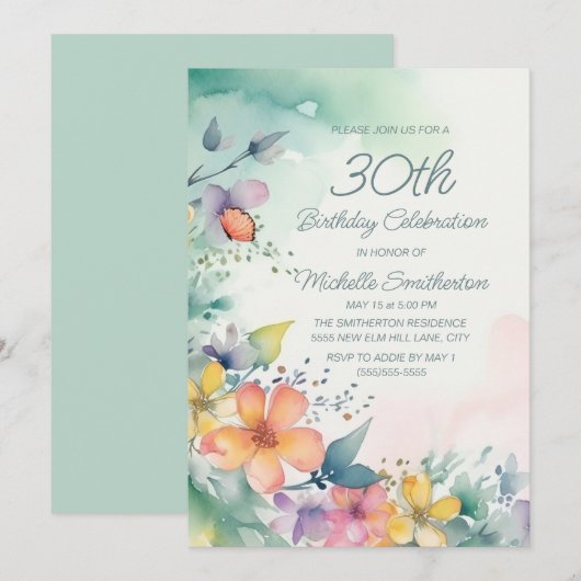 Blauwgroen Roze Geel Waterverf 30e Verjaardag Kaart (Voorkant / Achterkant)