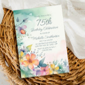 Blauwgroen roze gele pastel bloemen 75e verjaardag kaart