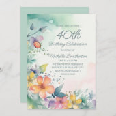 Blauwgroen roze gele pastelbloemen 40e geboortedag kaart (Voorkant / Achterkant)