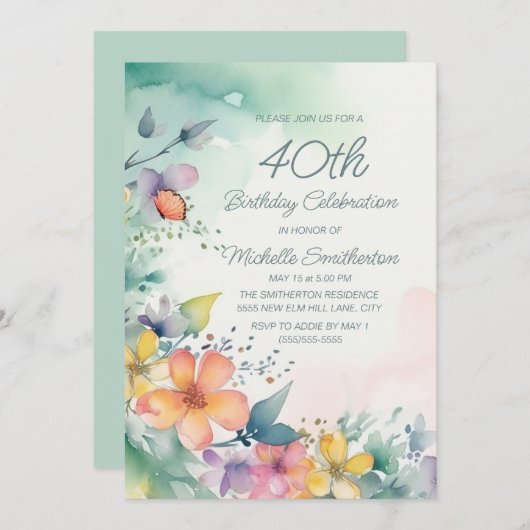Blauwgroen roze gele pastelbloemen 40e geboortedag kaart (Voorkant / Achterkant)