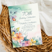 Blauwgroen roze gele pastelbloemen 70e geboortedag kaart