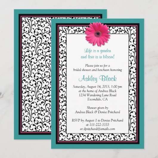 Blauwgroen roze Gerbera Daisy Bridal Shower Kaart (Voorkant / Achterkant)