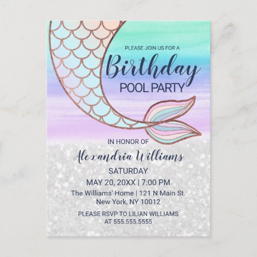 Blauwgroen roze glam Glitter Mermaid Tail Pool Bir Uitnodiging Briefkaart (Voorkant)