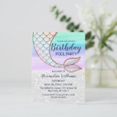 Blauwgroen roze glam Glitter Mermaid Tail Pool Bir Uitnodiging Briefkaart (Staand voorkant)