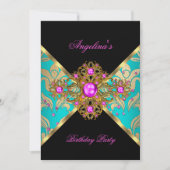 Blauwgroen roze goudDamask Floral Birthday Party Kaart (Voorkant)