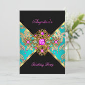 Blauwgroen roze goudDamask Floral Birthday Party Kaart (Staand voorkant)