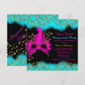 Blauwgroen roze goudMasquerade Birthday Party Kaart (Voorkant / Achterkant)