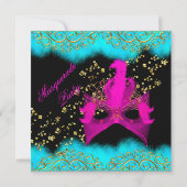 Blauwgroen roze goudMasquerade Birthday Party Kaart (Achterkant)