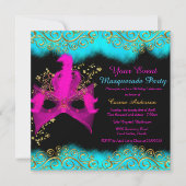 Blauwgroen roze goudMasquerade Birthday Party Kaart (Voorkant)