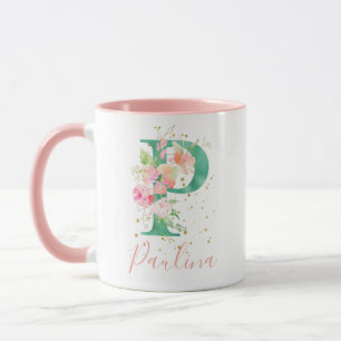 Blauwgroen roze goudWaterverf Floral Monogram P Mok