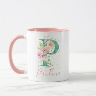 Blauwgroen roze goudWaterverf Floral Monogram P Mok