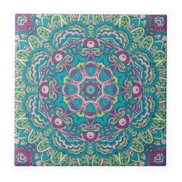 Blauwgroen, roze, groen & geel Boho Mandala decora Tegeltje