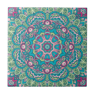 Blauwgroen, roze, groen & geel Boho Mandala decora Tegeltje
