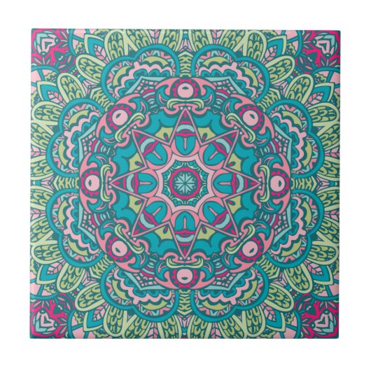 Blauwgroen, roze, groen & geel Boho Mandala decora Tegeltje (Voorkant)
