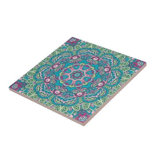 Blauwgroen, roze, groen & geel Boho Mandala decora Tegeltje (Zijkant)