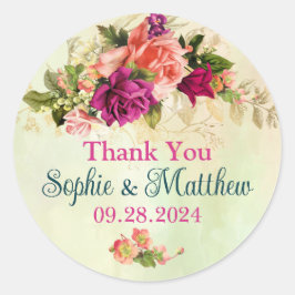 Blauwgroen, Roze, Groen, Gouden Vette Bloemen Huwe Ronde Sticker