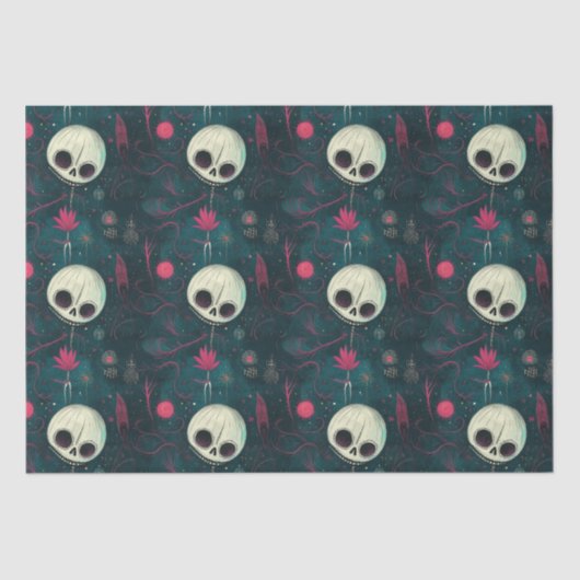 Blauwgroen & Roze Halloween Schedels & Bloemen Dec Tissuepapier (Voorkant)
