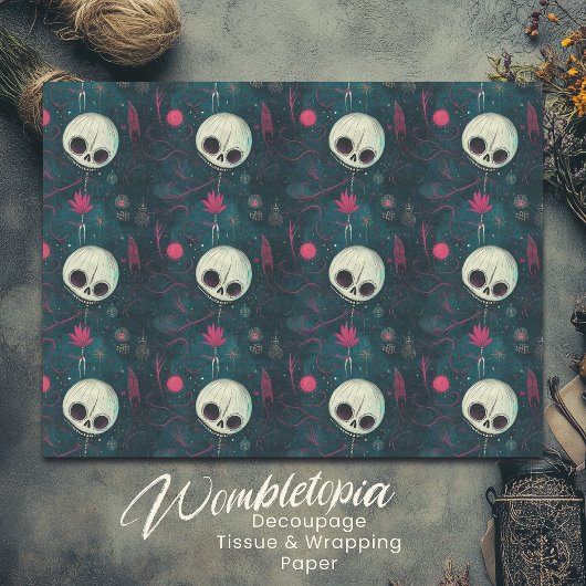 Blauwgroen & Roze Halloween Schedels & Bloemen Dec Tissuepapier