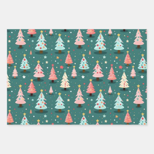 Blauwgroen roze leuke kerstbomen inpakpapier vel (Voorkant 3)