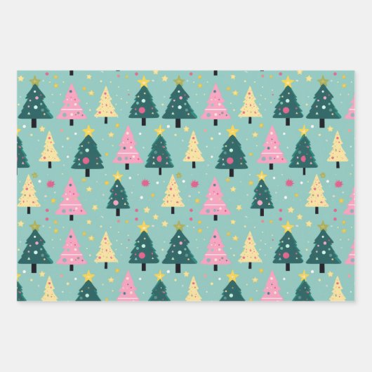 Blauwgroen roze leuke kerstbomen inpakpapier vel (Voorkant)