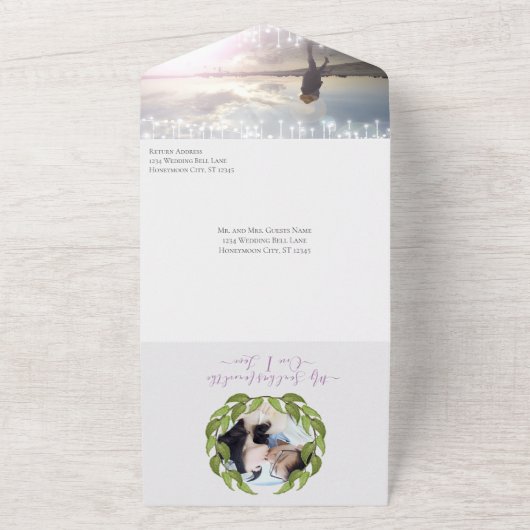 Blauwgroen roze Lovebird Secret Forest Garden All In One Uitnodiging (Buitenkant)