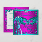 Blauwgroen roze Masquerade Quinceanera Party Kaart (Voorkant / Achterkant)
