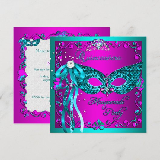 Blauwgroen roze Masquerade Quinceanera Party Kaart (Voorkant / Achterkant)