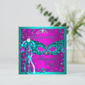 Blauwgroen roze Masquerade Quinceanera Party Kaart (Staand voorkant)