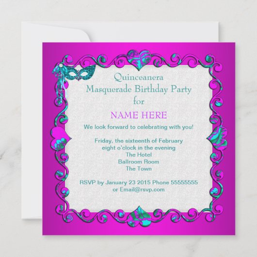 Blauwgroen roze Masquerade Quinceanera Party Kaart (Achterkant)