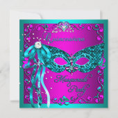 Blauwgroen roze Masquerade Quinceanera Party Kaart (Voorkant)