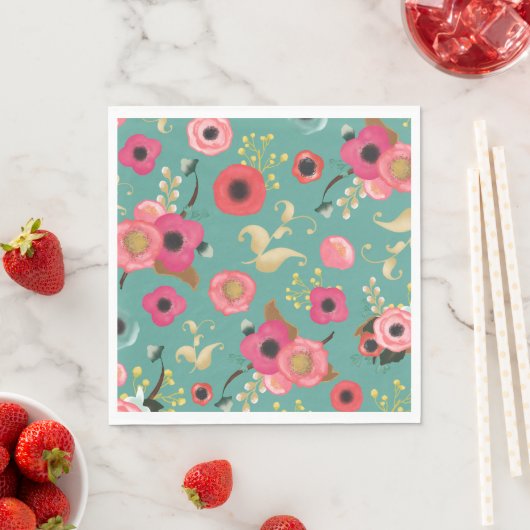 Blauwgroen Roze Modern Floral Pattern Party Servet (Insitu)